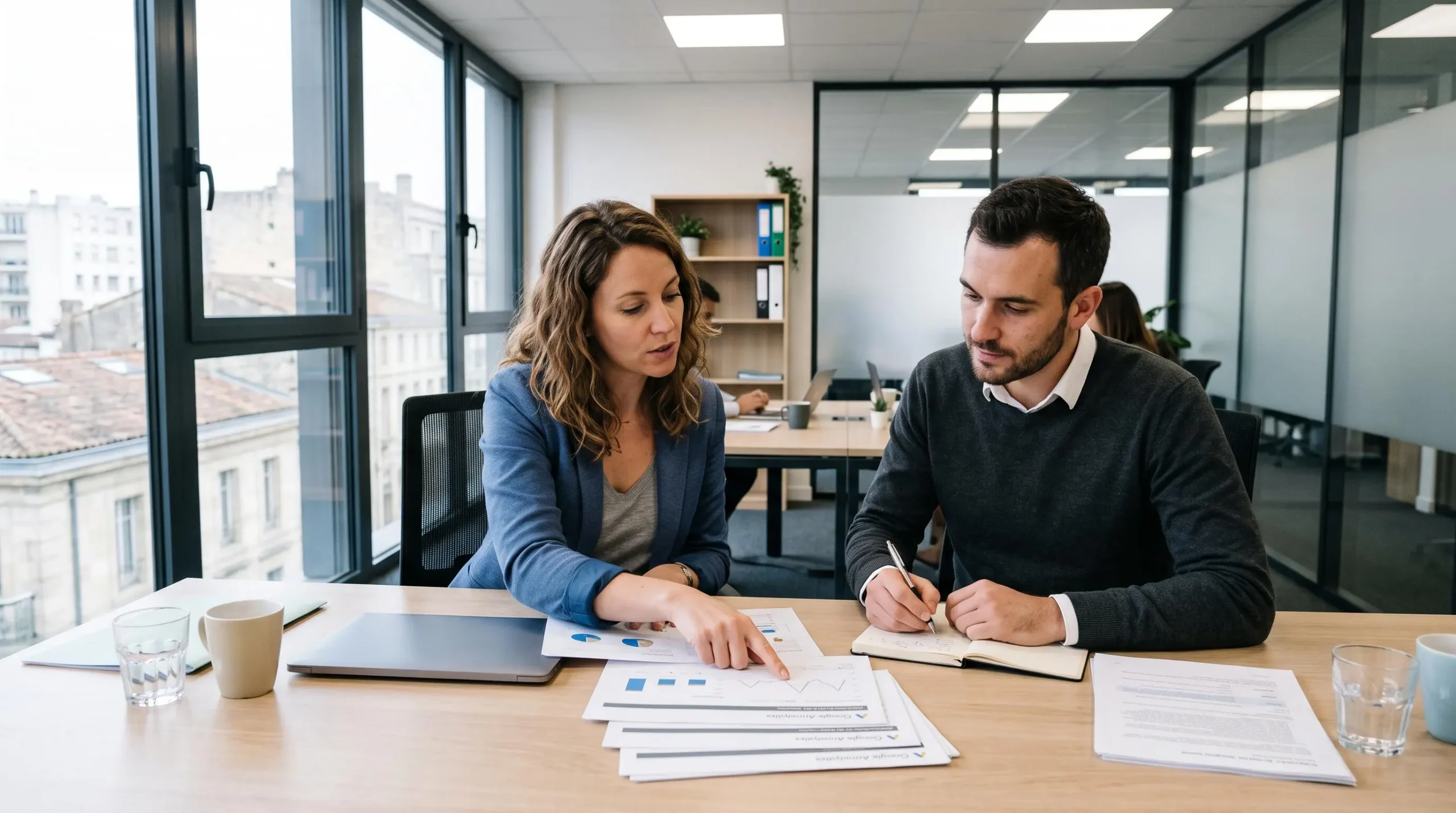 Deux professionnels collaborant autour de rapports d'analyse dans un bureau d'entreprise à Bordeaux