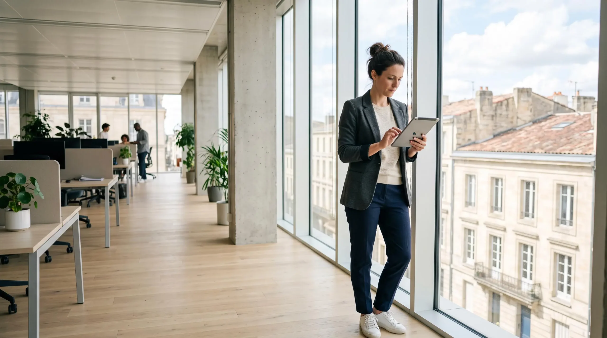Consultant marketing debout consultant des données analytiques sur une tablette dans un bureau moderne à Bordeaux