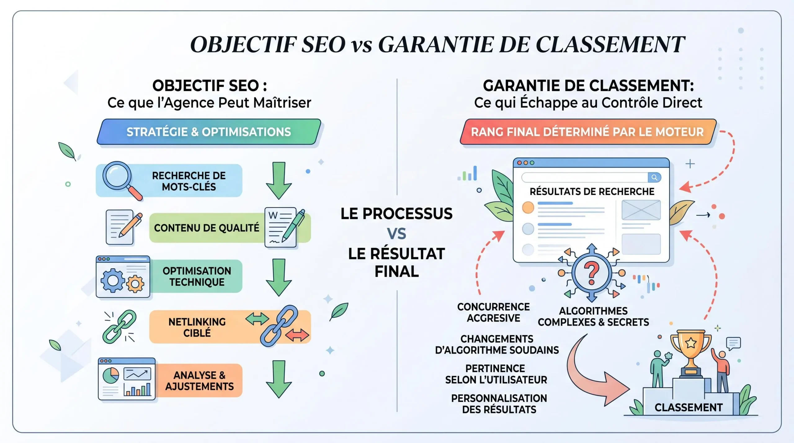 Schéma distinguant objectif SEO et garantie de classement Google